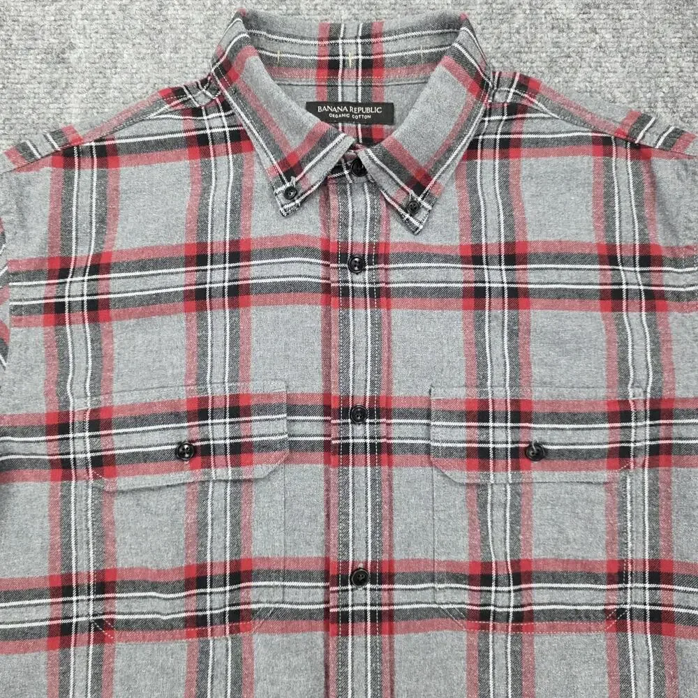 Banana Republic Shirt Mens Tall Medium Gray Plaid Flannel Untucked Standard Fit